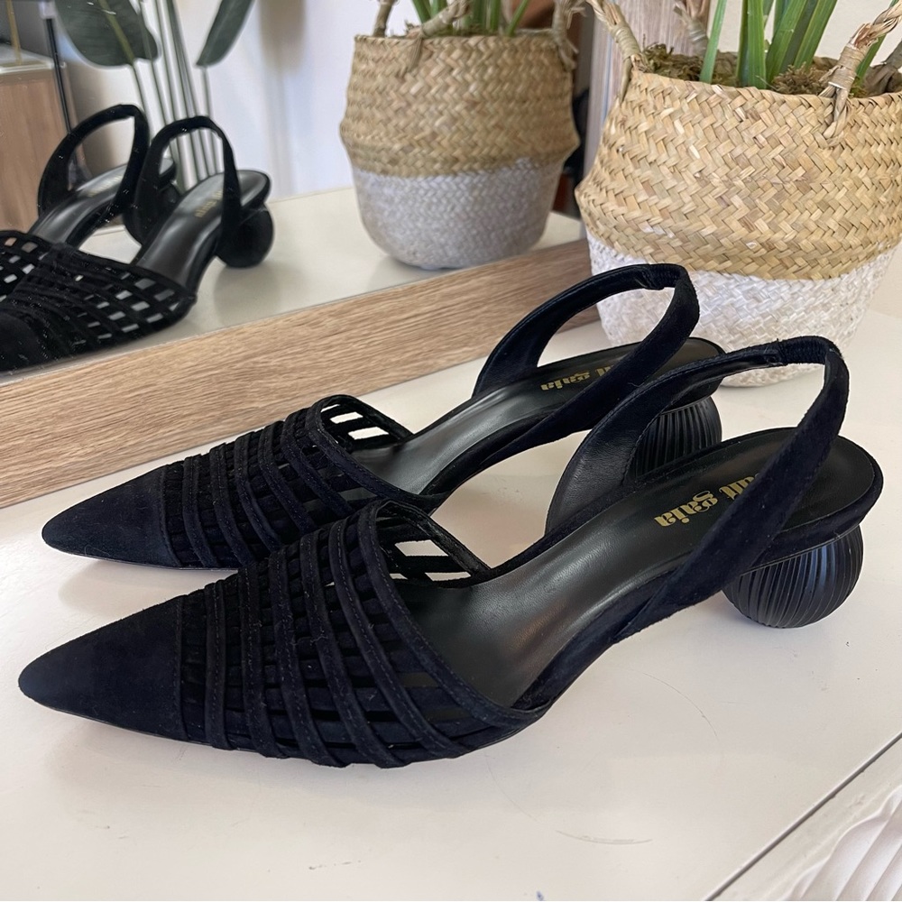 Cult Gaia Keri Black Pointed Toe Slingback Ball Heel Suede Pumps - Picture 2 of 11